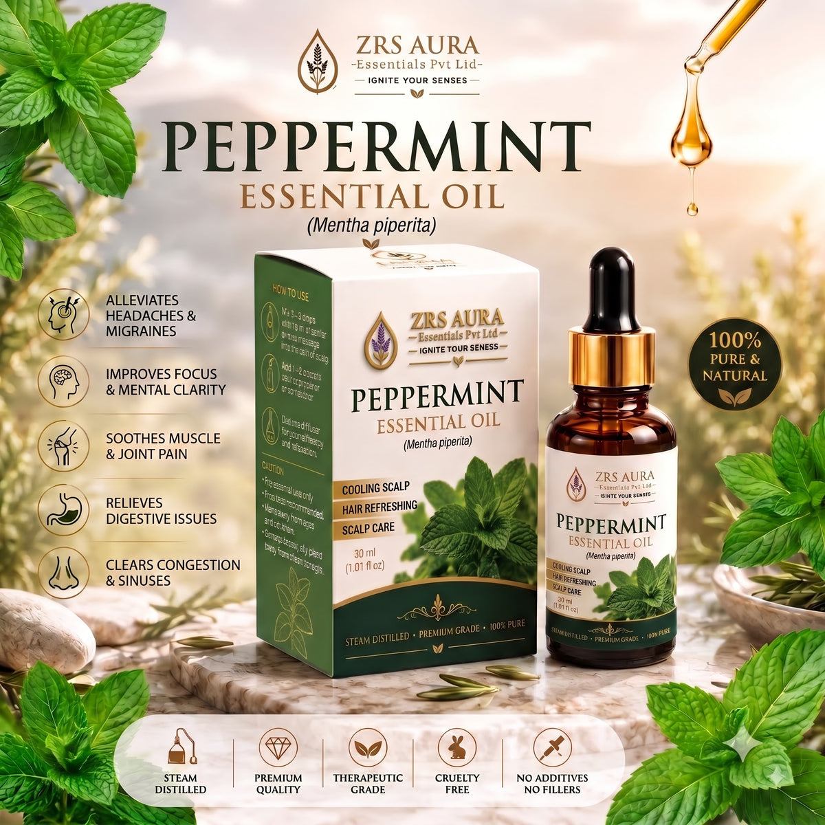 ZRS AURA Peppermint Essential Oil for Scalp Refreshment, Hair Growth Support, Dandruff Control, Cooling Sensation & Oily Skin Care | 100% Pure & Natural Undiluted Peppermint Oil,