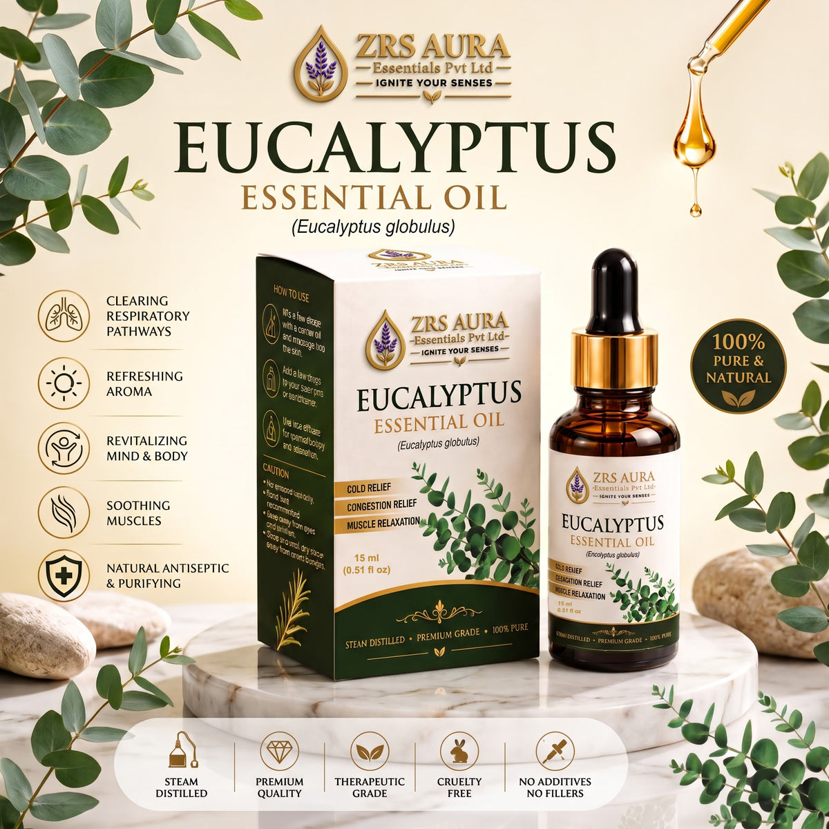 ZRS AURA Eucalyptus Essential Oil for Respiratory Aromatherapy, Refreshing Inhalation, Relaxation, Scalp Care & Oily Skin Care | 100% Pure & Natural Undiluted Eucalyptus Oil, 15ml