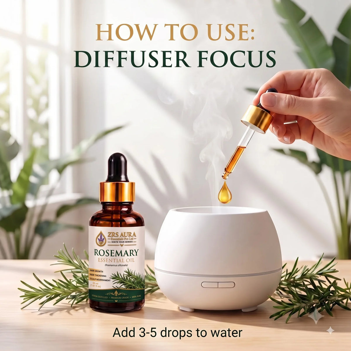 ZRS AURA Rosemary Essential Oil for Hair Growth, Hair Fall Control, Scalp Nourishment, Stronger Hair & Skin Care | 100% Pure & Natural Undiluted Rosemary Oil