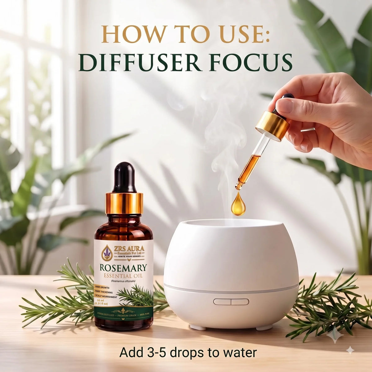 ZRS AURA Rosemary Essential Oil for Hair Growth, Hair Fall Control, Scalp Nourishment, Stronger Hair & Skin Care | 100% Pure & Natural Undiluted Rosemary Oil