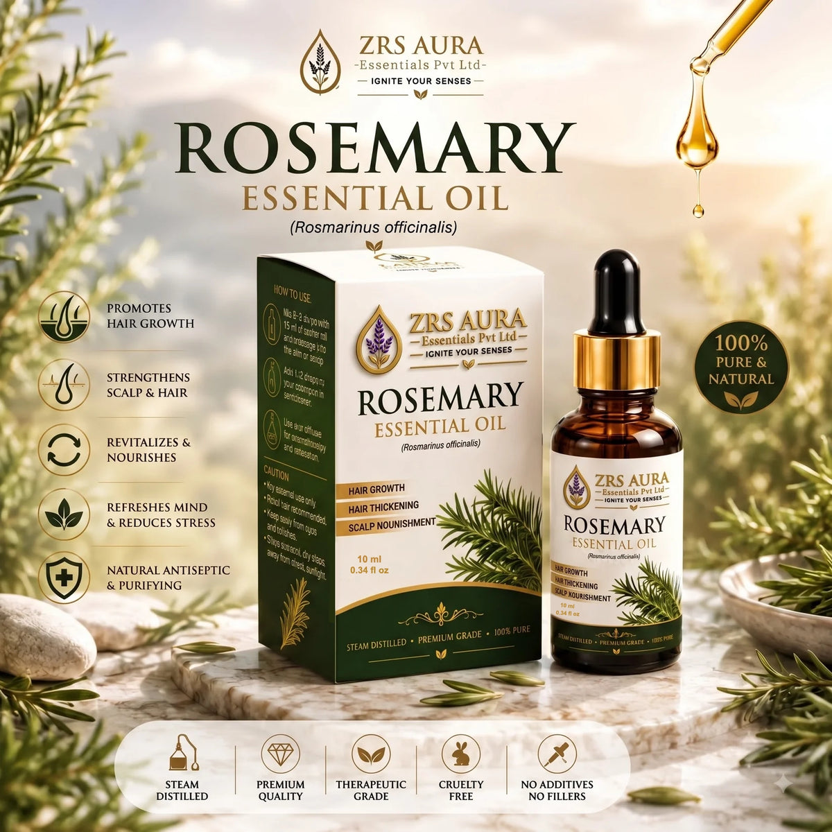 ZRS AURA Rosemary Essential Oil for Hair Growth, Hair Fall Control, Scalp Nourishment, Stronger Hair & Skin Care | 100% Pure & Natural Undiluted Rosemary Oil