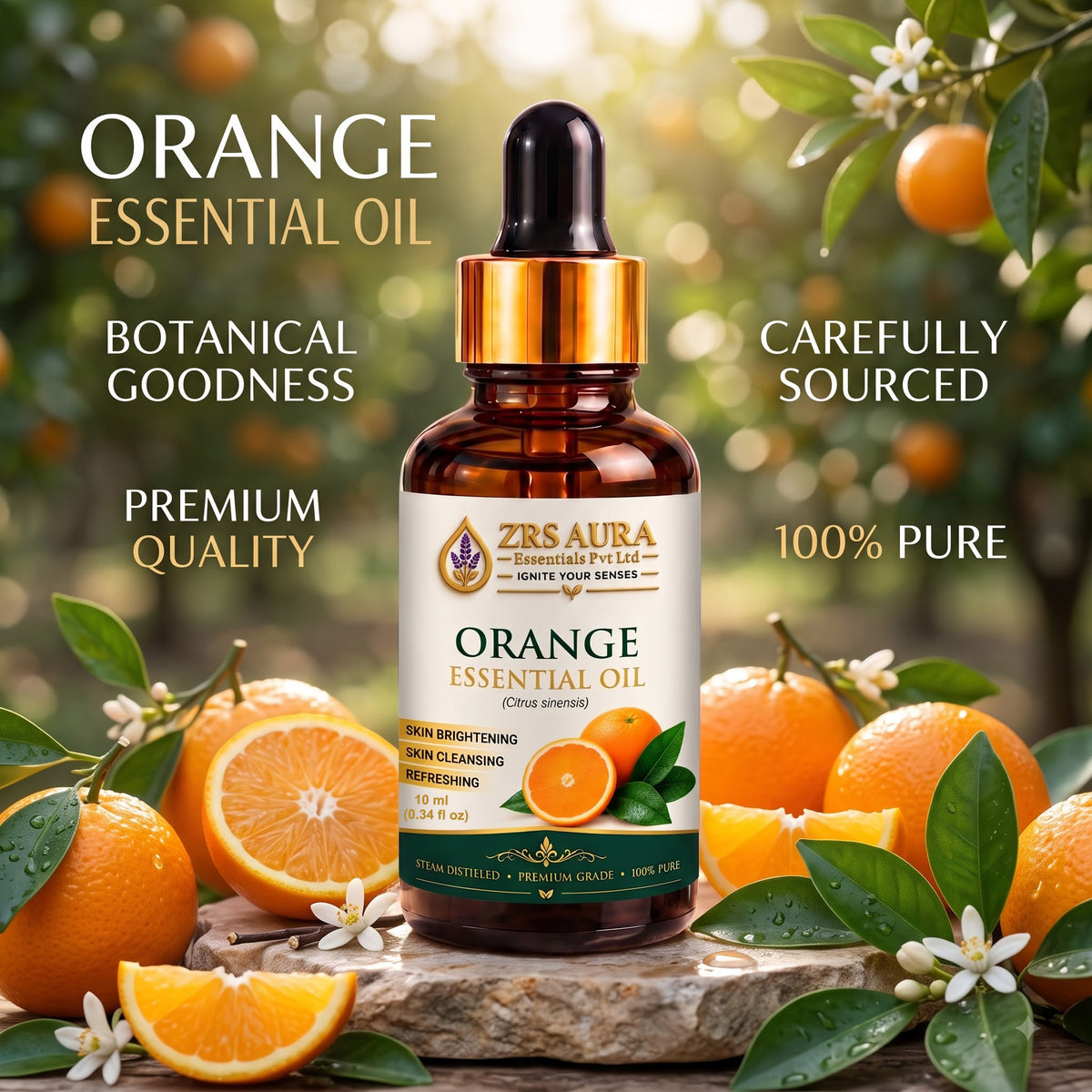 ZRS AURA Orange Essential Oil for Glowing Skin, Skin Nourishment, Relaxation, Mood Upliftment & Refreshing Aromatherapy | 100% Pure & Natural Undiluted Sweet Orange Oil, 15ml