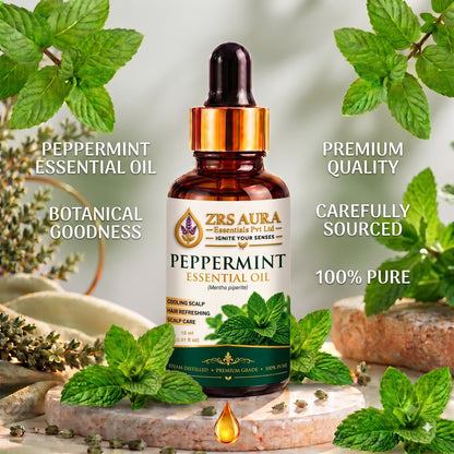 ZRS AURA Peppermint Essential Oil for Scalp Refreshment, Hair Growth Support, Dandruff Control, Cooling Sensation & Oily Skin Care | 100% Pure & Natural Undiluted Peppermint Oil,