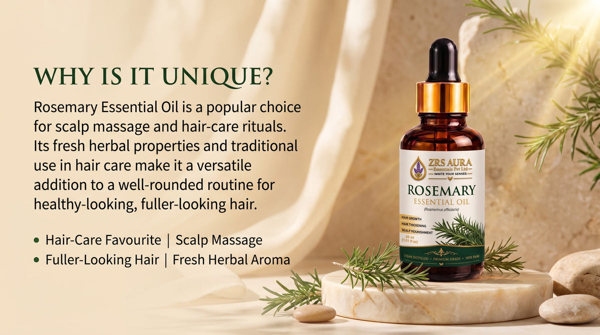 ZRS AURA Rosemary Essential Oil for Hair Growth, Hair Fall Control, Scalp Nourishment, Stronger Hair & Skin Care | 100% Pure & Natural Undiluted Rosemary Oil