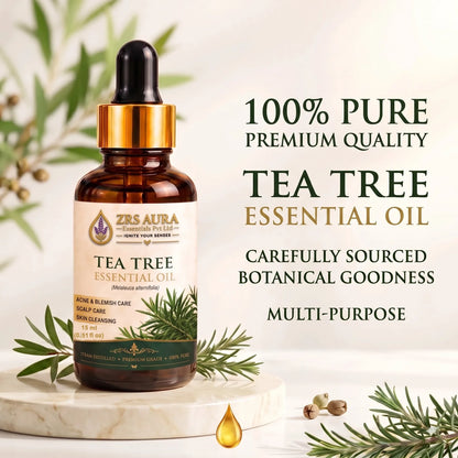 ZRS AURA Tea Tree Essential Oil for Acne-Prone Skin, Blemish Care, Scalp Health, Dandruff Control & Oily Skin Care | 100% Pure & Natural Undiluted Tea Tree Oil,