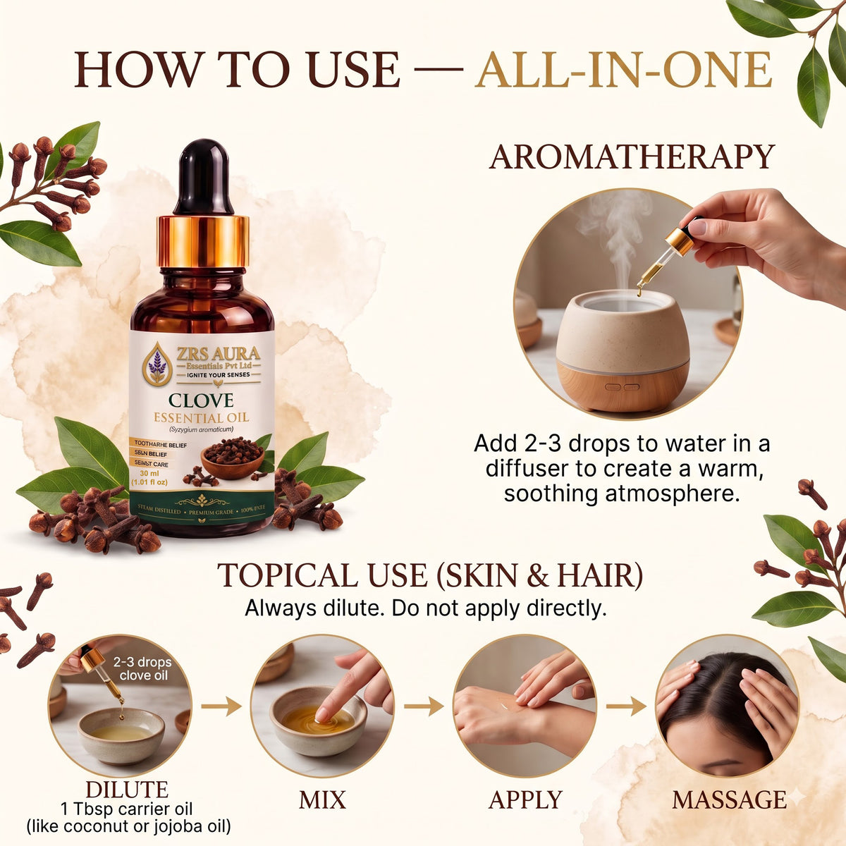 ZRS AURA Clove Essential Oil for Scalp Care, Hair Nourishment, Blemish-Prone Skin Care, Refreshing Aromatherapy & Home Fragrance | 100% Pure & Natural Undiluted Clove Oil