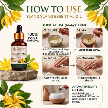 ZRS AURA Ylang Ylang Essential Oil for Hair Nourishment, Scalp Care, Skin Hydration, Relaxation & Stress Relief | 100% Pure & Natural Undiluted Ylang Ylang Oil, 15ml