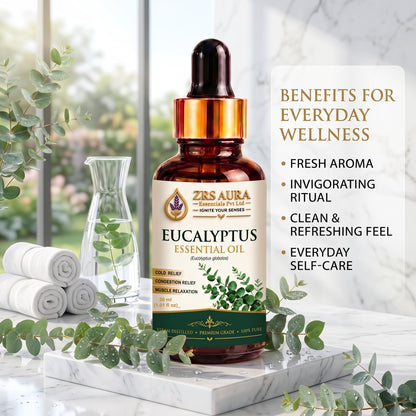 ZRS AURA Eucalyptus Essential Oil for Respiratory Aromatherapy, Refreshing Inhalation, Relaxation, Scalp Care & Oily Skin Care | 100% Pure & Natural Undiluted Eucalyptus Oil, 15ml