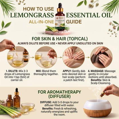 ZRS AURA Lemongrass Essential Oil for Oily Skin Care, Skin Clarifying, Scalp Nourishment, Refreshing Aromatherapy & Relaxation | 100% Pure & Natural Undiluted Lemongrass Oil