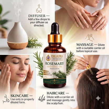 ZRS AURA Rosemary Essential Oil for Hair Growth, Hair Fall Control, Scalp Nourishment, Stronger Hair & Skin Care | 100% Pure & Natural Undiluted Rosemary Oil
