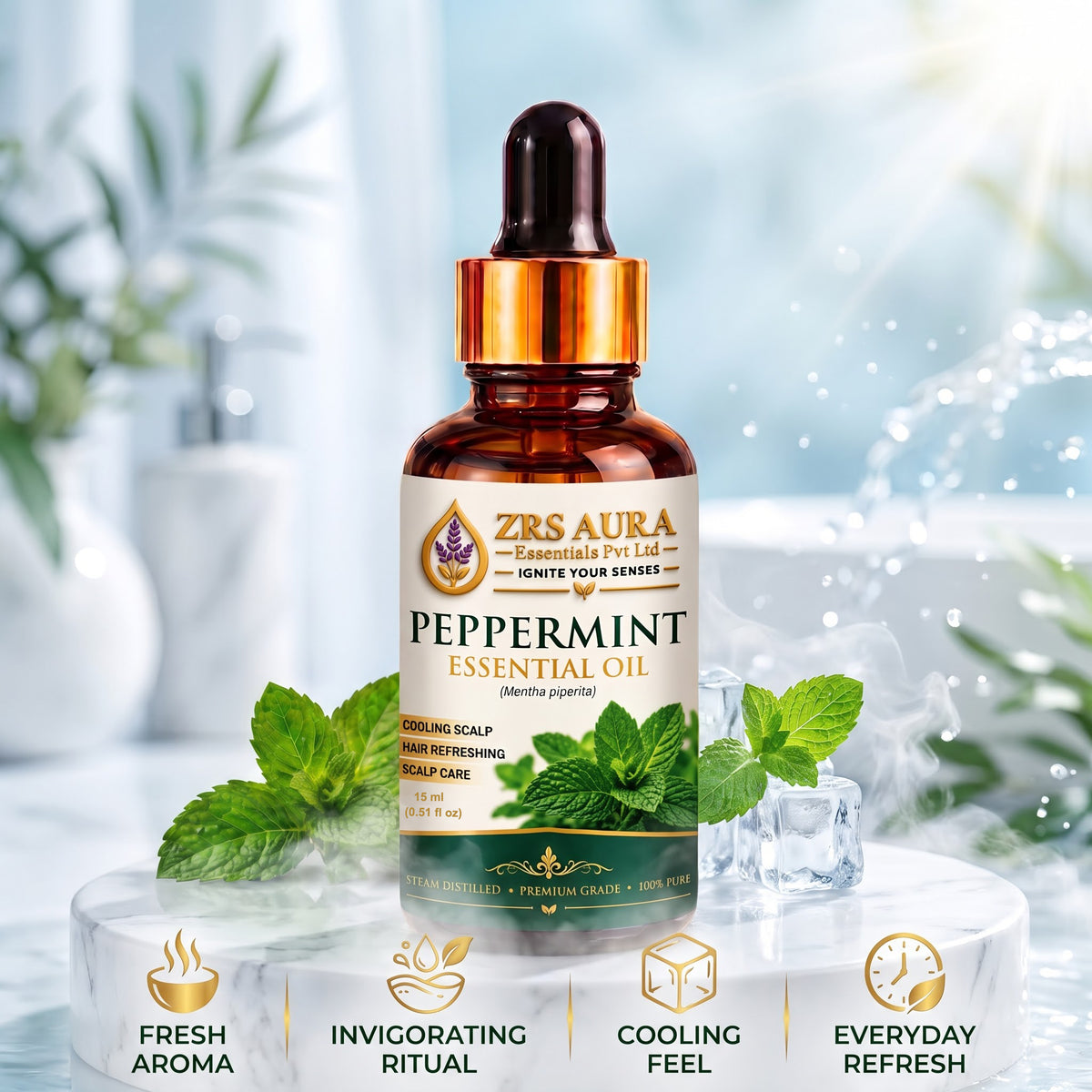 ZRS AURA Peppermint Essential Oil for Scalp Refreshment, Hair Growth Support, Dandruff Control, Cooling Sensation & Oily Skin Care | 100% Pure & Natural Undiluted Peppermint Oil,