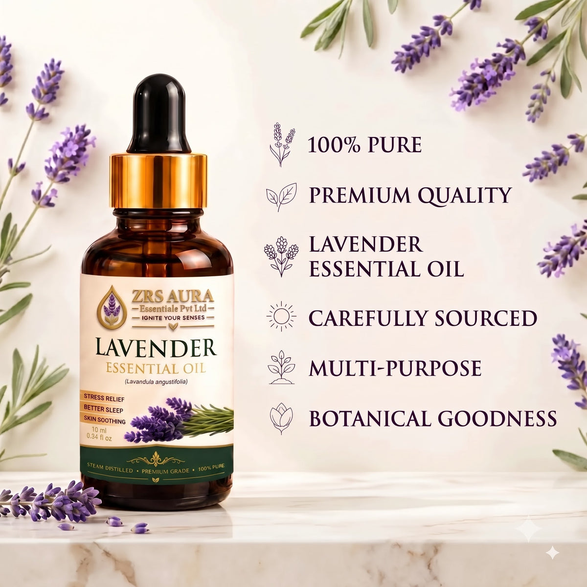 ZRS AURA Lavender Essential Oil for Relaxation, Stress Relief, Better Sleep, Skin Hydration & Hair Nourishment | 100% Pure & Natural Undiluted Lavender Oil, 15ml