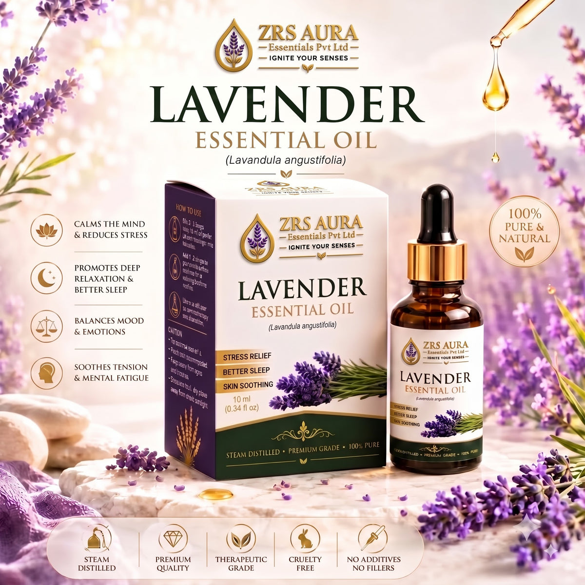 ZRS AURA Lavender Essential Oil for Relaxation, Stress Relief, Better Sleep, Skin Hydration & Hair Nourishment | 100% Pure & Natural Undiluted Lavender Oil, 15ml