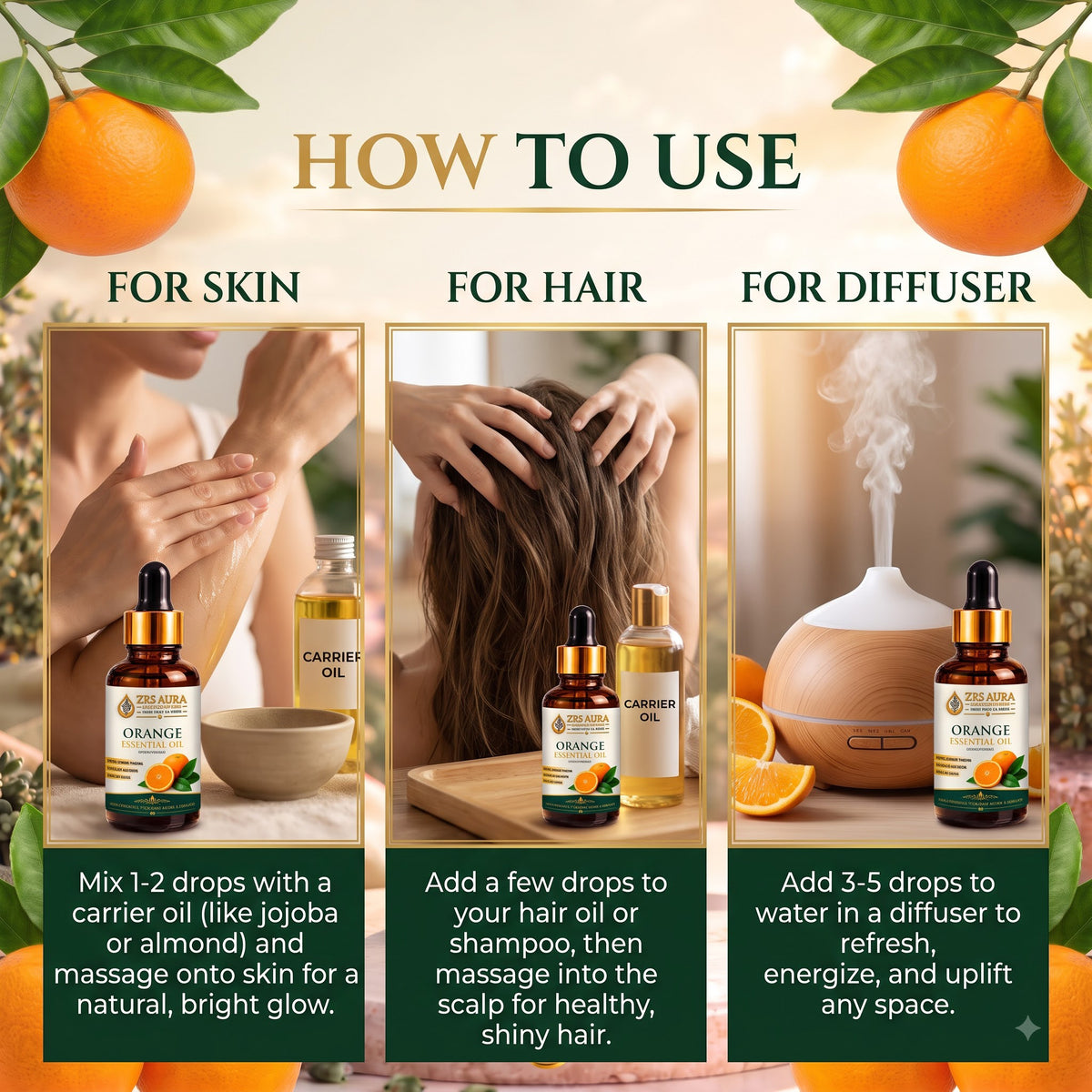 ZRS AURA Orange Essential Oil for Glowing Skin, Skin Nourishment, Relaxation, Mood Upliftment & Refreshing Aromatherapy | 100% Pure & Natural Undiluted Sweet Orange Oil, 15ml