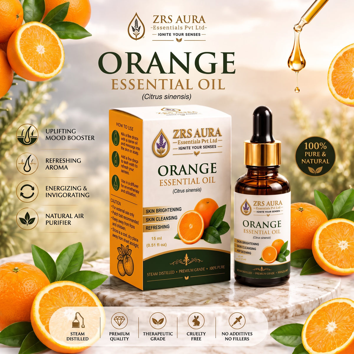 ZRS AURA Orange Essential Oil for Glowing Skin, Skin Nourishment, Relaxation, Mood Upliftment & Refreshing Aromatherapy | 100% Pure & Natural Undiluted Sweet Orange Oil, 15ml