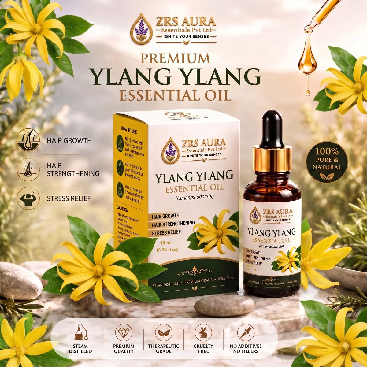 ZRS AURA Ylang Ylang Essential Oil for Hair Nourishment, Scalp Care, Skin Hydration, Relaxation & Stress Relief | 100% Pure & Natural Undiluted Ylang Ylang Oil, 15ml