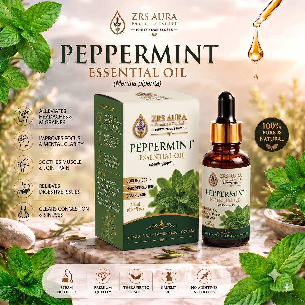 ZRS AURA Peppermint Essential Oil for Scalp Refreshment, Hair Growth Support, Dandruff Control, Cooling Sensation & Oily Skin Care | 100% Pure & Natural Undiluted Peppermint Oil,