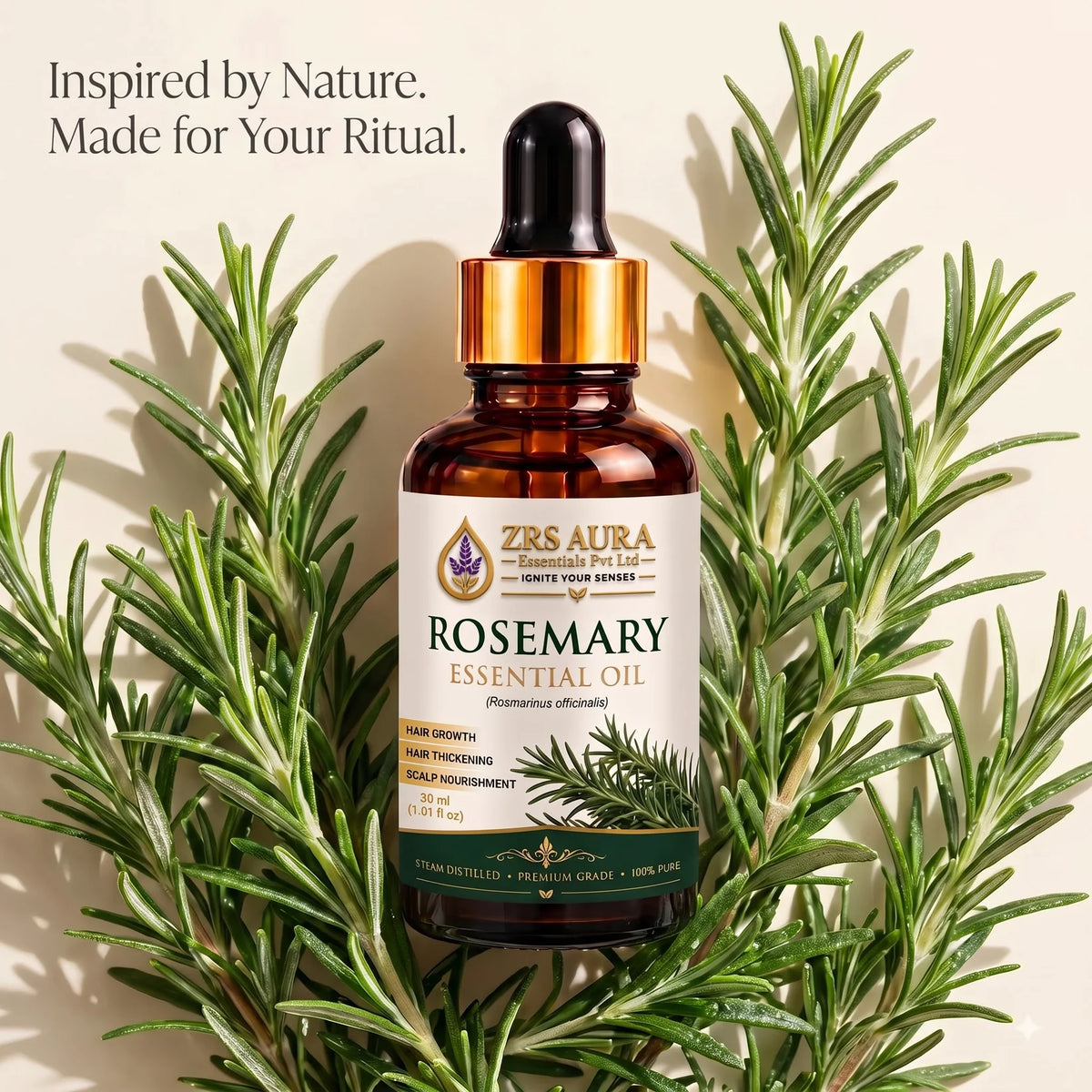 ZRS AURA Rosemary Essential Oil for Hair Growth, Hair Fall Control, Scalp Nourishment, Stronger Hair & Skin Care | 100% Pure & Natural Undiluted Rosemary Oil