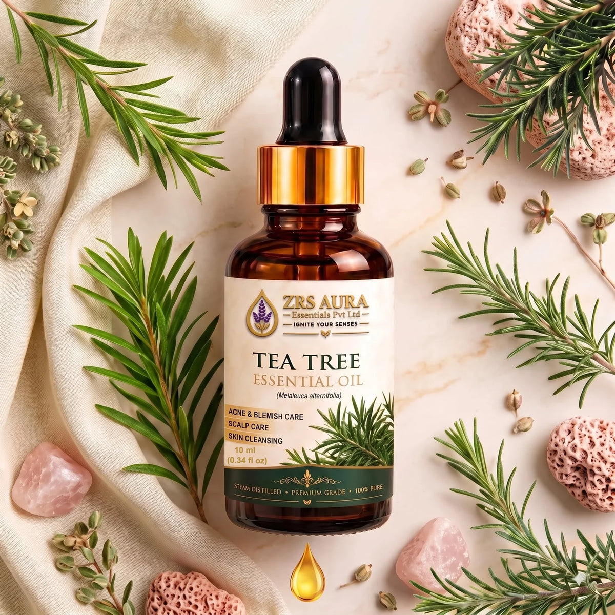 ZRS AURA Tea Tree Essential Oil for Acne-Prone Skin, Blemish Care, Scalp Health, Dandruff Control & Oily Skin Care | 100% Pure & Natural Undiluted Tea Tree Oil,