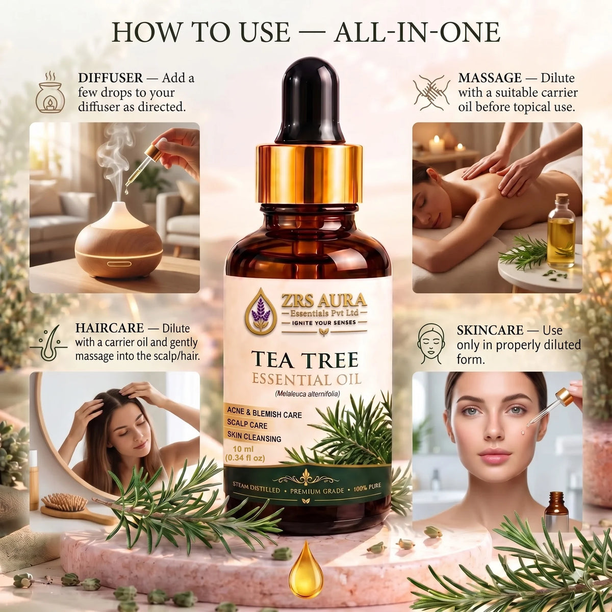 ZRS AURA Tea Tree Essential Oil for Acne-Prone Skin, Blemish Care, Scalp Health, Dandruff Control & Oily Skin Care | 100% Pure & Natural Undiluted Tea Tree Oil,
