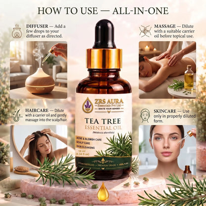 ZRS AURA Tea Tree Essential Oil for Acne-Prone Skin, Blemish Care, Scalp Health, Dandruff Control & Oily Skin Care | 100% Pure & Natural Undiluted Tea Tree Oil,
