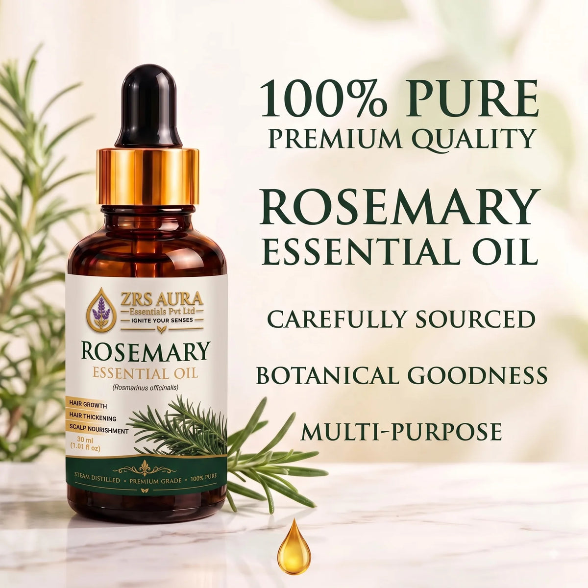 ZRS AURA Rosemary Essential Oil for Hair Growth, Hair Fall Control, Scalp Nourishment, Stronger Hair & Skin Care | 100% Pure & Natural Undiluted Rosemary Oil