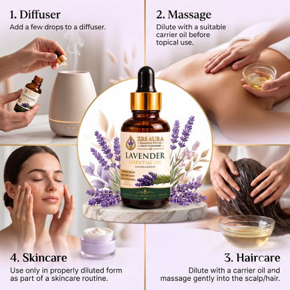 ZRS AURA Lavender Essential Oil for Relaxation, Stress Relief, Better Sleep, Skin Hydration & Hair Nourishment | 100% Pure & Natural Undiluted Lavender Oil, 15ml