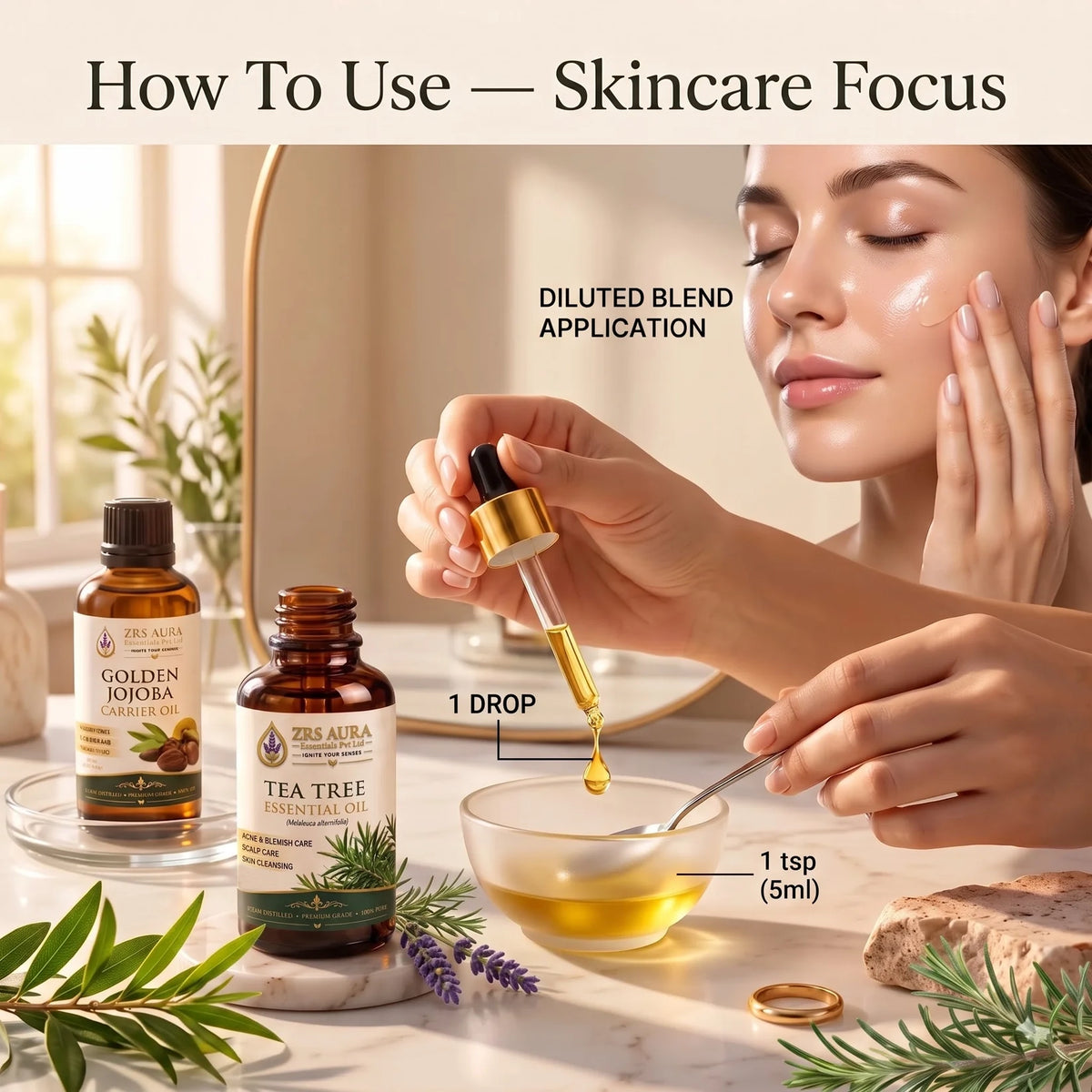ZRS AURA Tea Tree Essential Oil for Acne-Prone Skin, Blemish Care, Scalp Health, Dandruff Control & Oily Skin Care | 100% Pure & Natural Undiluted Tea Tree Oil,
