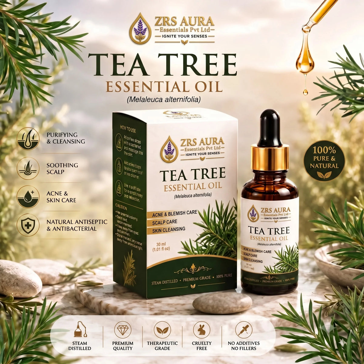 ZRS AURA Tea Tree Essential Oil for Acne-Prone Skin, Blemish Care, Scalp Health, Dandruff Control & Oily Skin Care | 100% Pure & Natural Undiluted Tea Tree Oil,