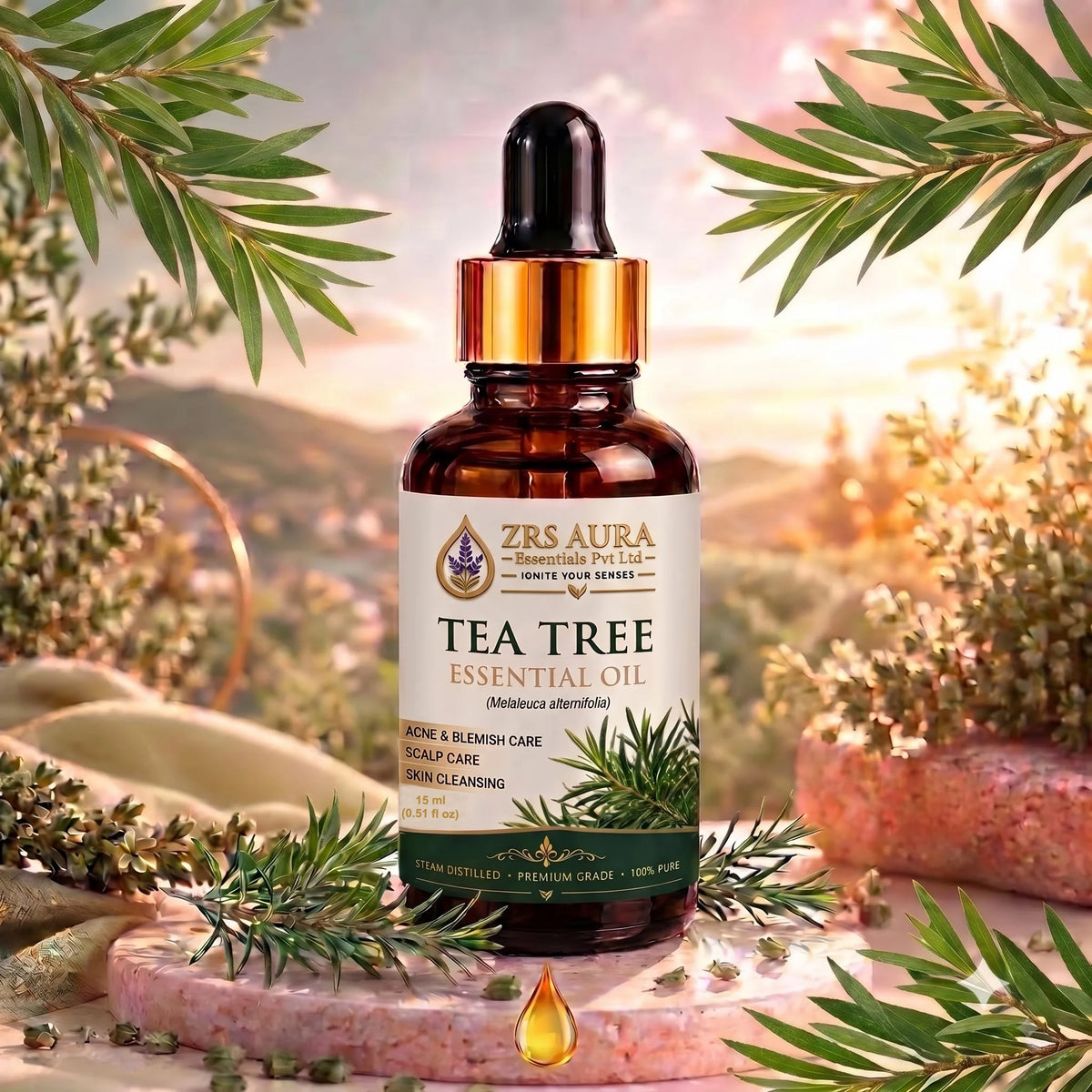 ZRS AURA Tea Tree Essential Oil for Acne-Prone Skin, Blemish Care, Scalp Health, Dandruff Control & Oily Skin Care | 100% Pure & Natural Undiluted Tea Tree Oil,
