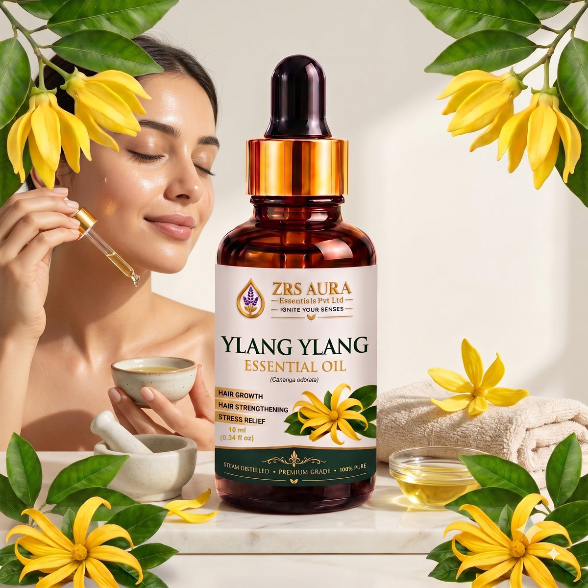 ZRS AURA Ylang Ylang Essential Oil for Hair Nourishment, Scalp Care, Skin Hydration, Relaxation & Stress Relief | 100% Pure & Natural Undiluted Ylang Ylang Oil, 15ml
