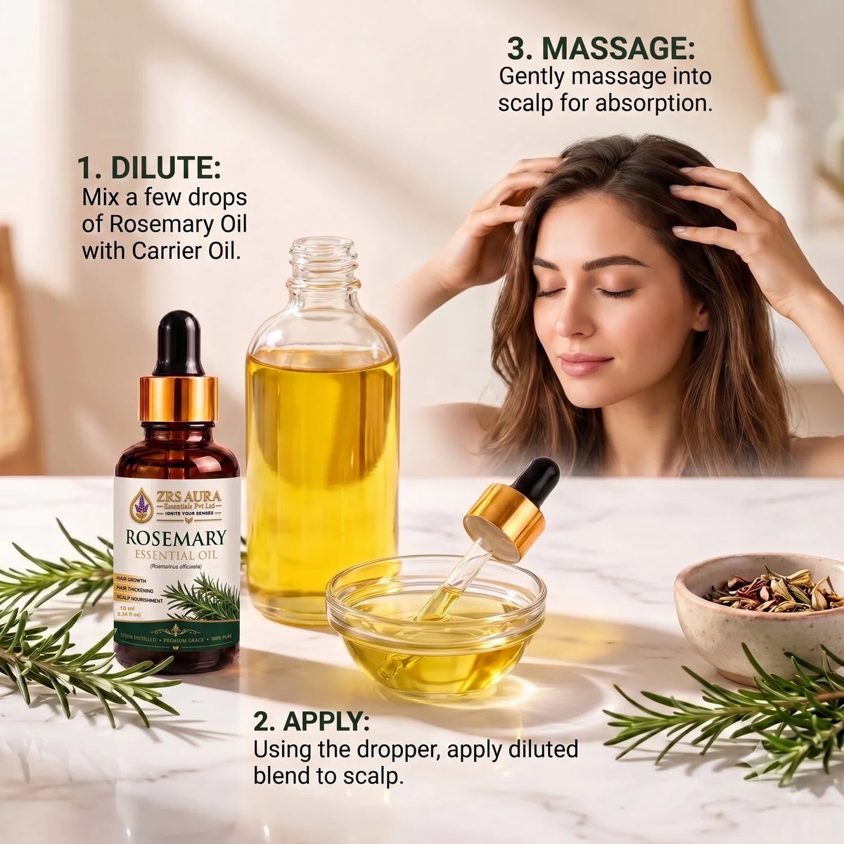 ZRS AURA Rosemary Essential Oil for Hair Growth, Hair Fall Control, Scalp Nourishment, Stronger Hair & Skin Care | 100% Pure & Natural Undiluted Rosemary Oil
