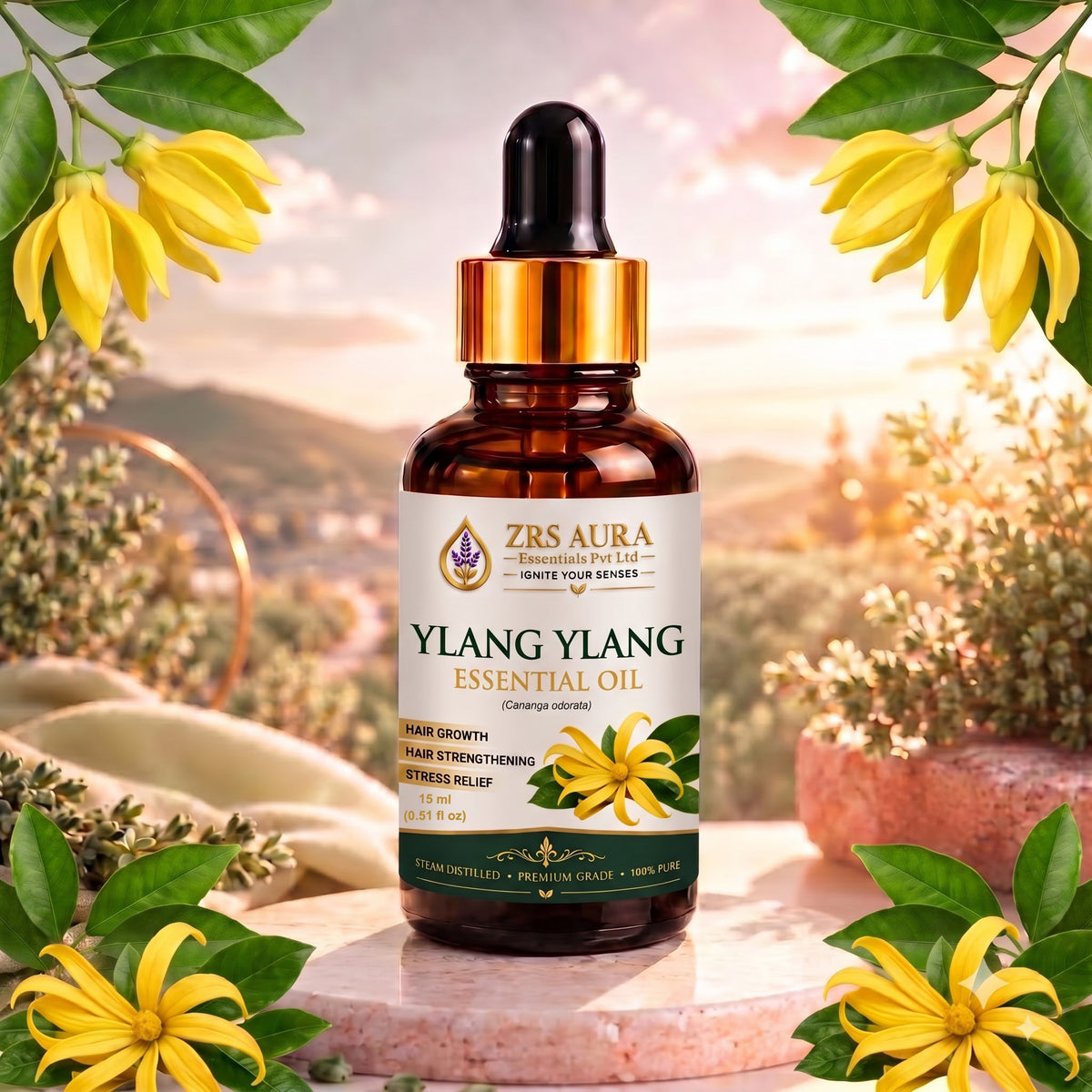 ZRS AURA Ylang Ylang Essential Oil for Hair Nourishment, Scalp Care, Skin Hydration, Relaxation & Stress Relief | 100% Pure & Natural Undiluted Ylang Ylang Oil, 15ml